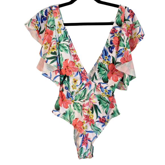 3/$20 One Piece Swimsuit Sz S 4 Sexy Deep V-neck Open Back Tropical Ruffled New - Picture 5 of 7
